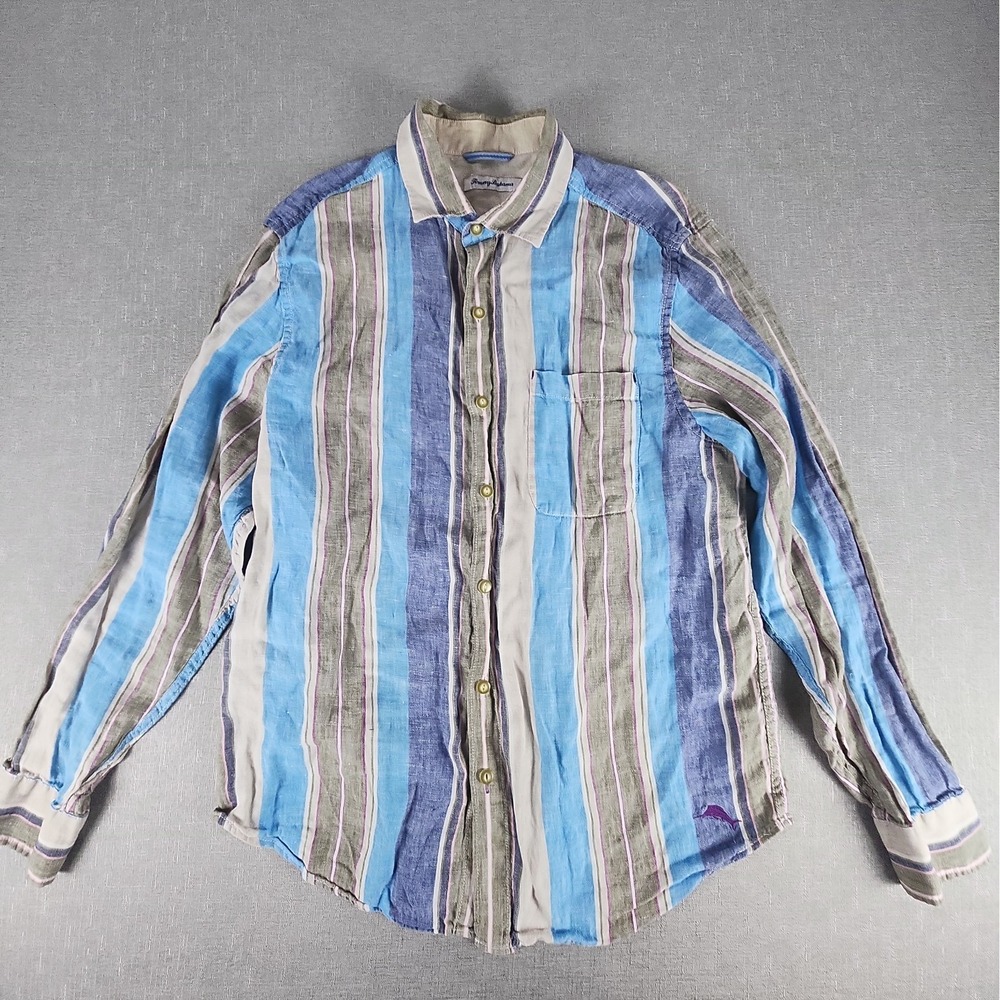 Tommy Bahama 100% Linen Long Sleeve Button Down Striped Blue Gray Mens Medium
